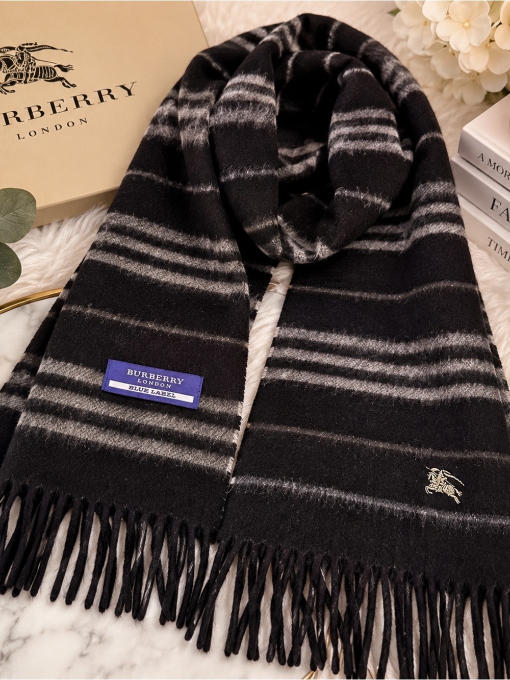 Burberry Blue Label Black Gray Check Fringe Scarf Equestrian Knight